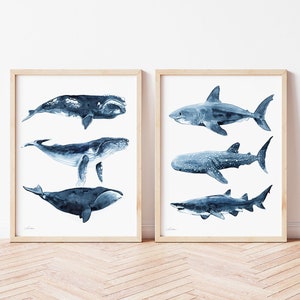 Whales and Sharks Prints, Set of 2, Watercolor Painting, Coastal Wall Art, Nautical Nursery Decor, Beach House, Navy Blue Painting,