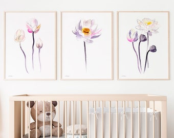 Water Lily Set of 3 Prints, Watercolor Painting, Boho Art, Plant Poster, Nature Illustration, Botanical Decor, Garden Art, Wildflower