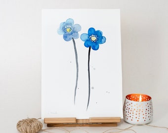 ORIGINAL Blue Flowers  watercolor painting, hand-painted artwork, one-of-a-kind watercolor original, unique wall art, botanical, plant