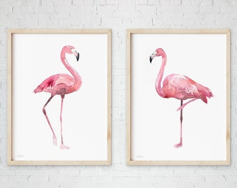 Flamingo Set of 2 Prints, Watercolor Painting, Boho Art, Animal Illustration, Modern Minimalist, Bird Wall Art, Girl Nursery poster