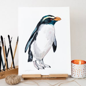 Pittura ad acquerello ORIGINALE Fiordland Penguin, opere d'arte dipinte a mano, acquerello unico nel suo genere, arte murale unica,