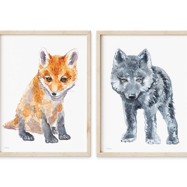 Nursery Set, Red Fox and Wolf Watercolor Paintings, Set of 2 Baby Animal Prints, Baby Room Decor, Boy or Girl Wall Art, Woodland Wall Decor