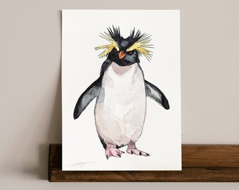 Aquarelle ORIGINAL Northern Rockhopper Penguin, oeuvres d'art peintes à la main, aquarelle unique en son genre, art mural unique,