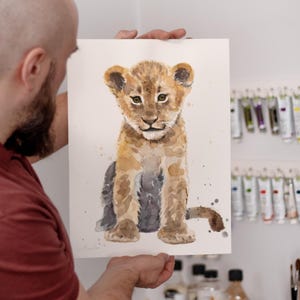 Dipinto ad acquerello ORIGINALE Baby Lion, opera d'arte dipinta a mano, acquerello originale unico nel suo genere, decorazione per la stanza del bambino, decorazione da parete, acquerello