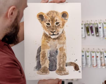 ORIGINAL Baby Lion watercolor painting, hand-painted artwork, one-of-a-kind watercolor original, Baby Room Decor, Wall Decor, Watercolor