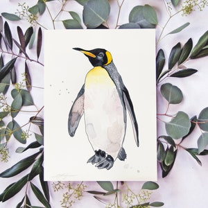 Pittura ad acquerello ORIGINALE King Penguin, opere d'arte dipinte a mano, acquerello unico nel suo genere, arte murale unica, arredamento nautico