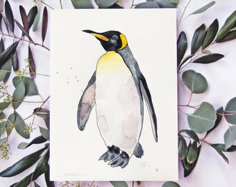Aquarelle ORIGINAL King Penguin, oeuvres d'art peintes à la main, aquarelle unique en son genre, art mural unique, décoration nautique