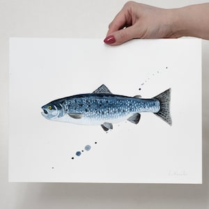ORIGINALE dipinto ad acquerello salmone atlantico, opere d'arte dipinte a mano, acquerello unico nel suo genere, arte murale unica, arredamento nautico