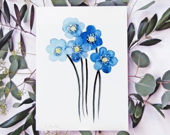ORIGINAL Blue Flowers  watercolor painting, hand-painted artwork, one-of-a-kind watercolor original, unique wall art, botanical, plant