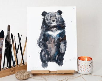 Aquarelle ORIGINALE ours noir d'Asie, oeuvres d'art peintes à la main, aquarelle unique en son genre, art mural animalier unique,