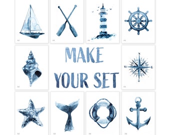 Set of Nautical Watercolor Prints, Beach House, Navy Blue Paintings, Coastal Wall Art, Captivating Ocean Prints, Make a SET