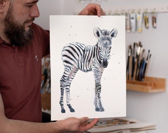 ORIGINAL Baby Zebra watercolor painting, hand-painted artwork, one-of-a-kind watercolor original, Baby Room Decor, Wall Decor, Watercolor