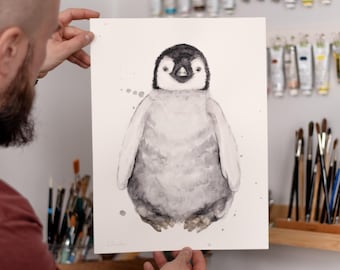 ORIGINAL Baby Penguin watercolor painting, hand-painted artwork, one-of-a-kind watercolor original, Baby Room Decor, Wall Decor, Watercolor