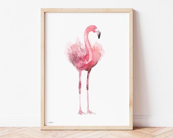 Flamingo Watercolor Painting Print, Boho Art, Bird Poster, Nature Illustration, Coastal Wall Decor, Birthday Art, Large Bird Art