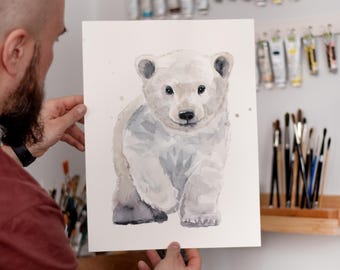 ORIGINAL Baby Polar Bear watercolor painting, hand-painted artwork, one-of-a-kind watercolor original, Baby Room Decor, Wall Decor,
