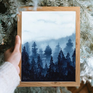 ORIGINALE Pittura ad acquerello della foresta di pini nebbiosi, opere d'arte dipinte a mano, acquerello unico nel suo genere, arte murale unica, arte dell'albero