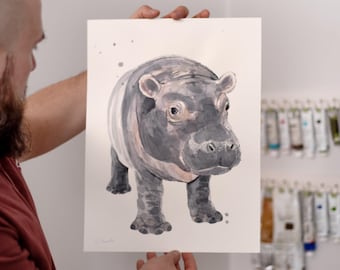 ORIGINAL Baby Hippo watercolor painting, hand-painted artwork, one-of-a-kind watercolor original, Baby Room Decor, Wall Decor,