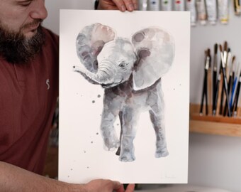 ORIGINAL Baby Elephant watercolor painting, hand-painted artwork, one-of-a-kind watercolor original, Baby Room Decor, Wall Decor, Watercolor