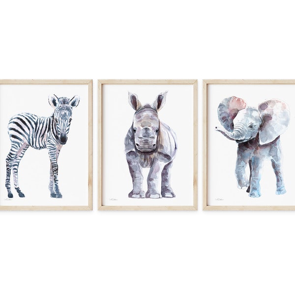 Set of 3 Baby Animal Prints, Baby Room Decor, Zebra, Elephant, Rhino Watercolor Painting, Boy or Girl Nursery Art, Safari Wall Decor