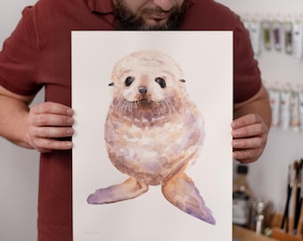 ORIGINAL Baby Seal watercolor painting, hand-painted artwork, one-of-a-kind watercolor original, Baby Room Decor, Wall Decor, Watercolor