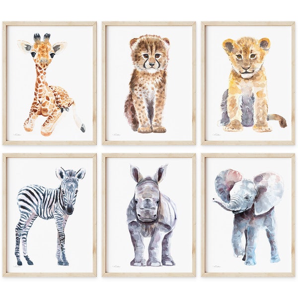 Baby Animal Prints, Set of 6, Giraffe, Rhino, Lion, Elephant, Zebra, Cheetah Watercolor Painting, Nursery Art, Safari Wall Decor, Wall Art