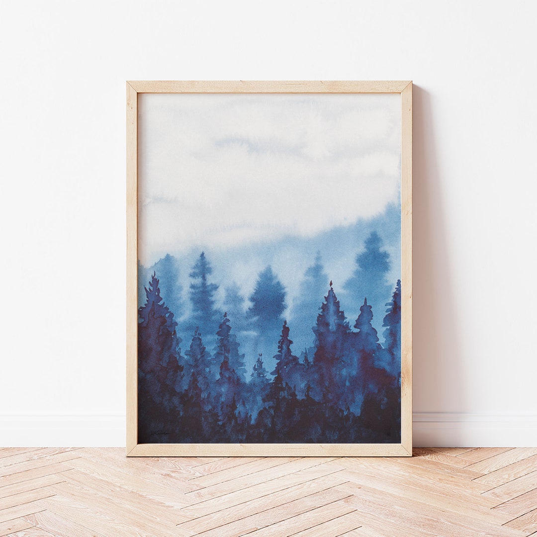 Misty Pine Forest Watercolor Painting Print, Boho Art, Tree Poster ...