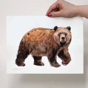 ORIGINALE Pittura ad acquerello dell'orso bruno, opere d'arte dipinte a mano, acquerello unico nel suo genere, arte murale unica della fauna selvatica.