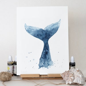 ORIGINALE Pittura ad acquerello coda di balena, opere d'arte dipinte a mano, acquerello unico nel suo genere, arte murale unica, arredamento nautico