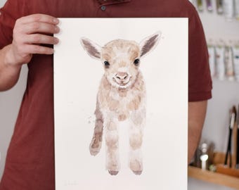 ORIGINAL Baby Goat watercolor painting, hand-painted artwork, one-of-a-kind watercolor original, Baby Room Decor, Wall Decor, Watercolor
