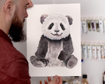 ORIGINAL Baby Panda Bear watercolor painting, hand-painted artwork, one-of-a-kind watercolor original, Baby Room Decor, Wall Decor,