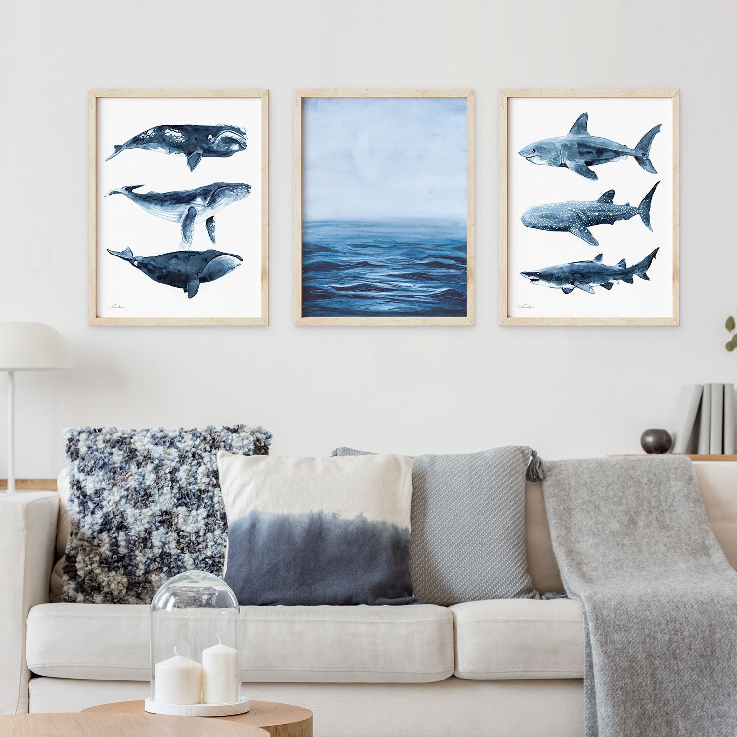 Whales and Sharks Set of 3 Prints, Watercolor Painting, Coastal Wall Art, Nautical Nursery Decor, Beach House, Navy Blue Painting, Animal