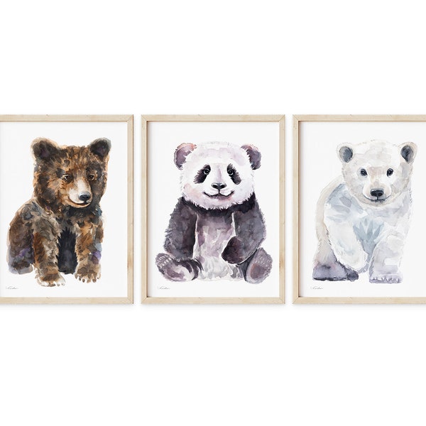 Baby Nursery Decor, Set of 3 Baby Bears, Kids Room Decor, Panda, Polar Bear and Brown Bear Watercolor Paintings, Boy or Girl Nursery Art