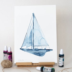 ORIGINAL Sailing Boat watercolor painting, hand-painted artwork, one-of-a-kind watercolor original, unique wall art, nautical decor image 1