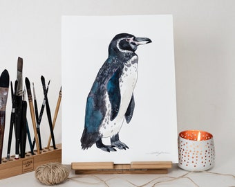 Aquarelle originale de pingouin des Galapagos, oeuvre d'art peinte à la main, aquarelle unique en son genre, art mural unique,