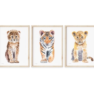 Decorazioni per la cameretta del bambino, set di 3 gatti selvatici, decorazioni per la cameretta del bambino, dipinti ad acquerello di leone, ghepardo e tigre, arte per la cameretta del bambino o della bambina, decorazioni da parete