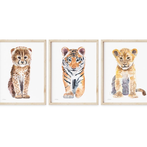 Baby Nursery Decor, Set of 3 Wild Cats, Baby Room Decor, Lion, Cheetah and Tiger Watercolor Paintings, Boy or Girl Nursery Art, Wall Decor