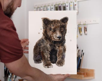 ORIGINAL Brown Bear watercolor painting, hand-painted artwork, one-of-a-kind watercolor original, Baby Room Decor, Wall Decor, Watercolor
