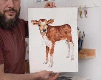 ORIGINAL Baby Cow watercolor painting, hand-painted artwork, one-of-a-kind watercolor original, Baby Room Decor, Wall Decor, Watercolor
