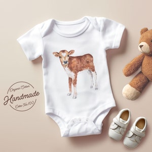 Baby Bodysuit with Baby Cow Watercolor Print, Infant Baby Bodysuit & Tee, Newborn Gender Neutral Outfits, Baby Boy or Girl Bodysuit.