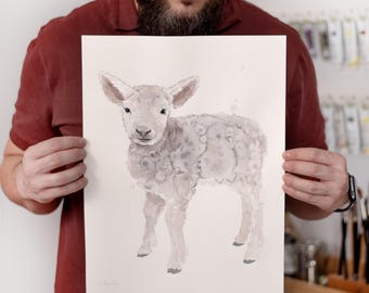 ORIGINAL Baby Sheep watercolor painting, hand-painted artwork, one-of-a-kind watercolor original, Baby Room Decor, Wall Decor, Watercolor