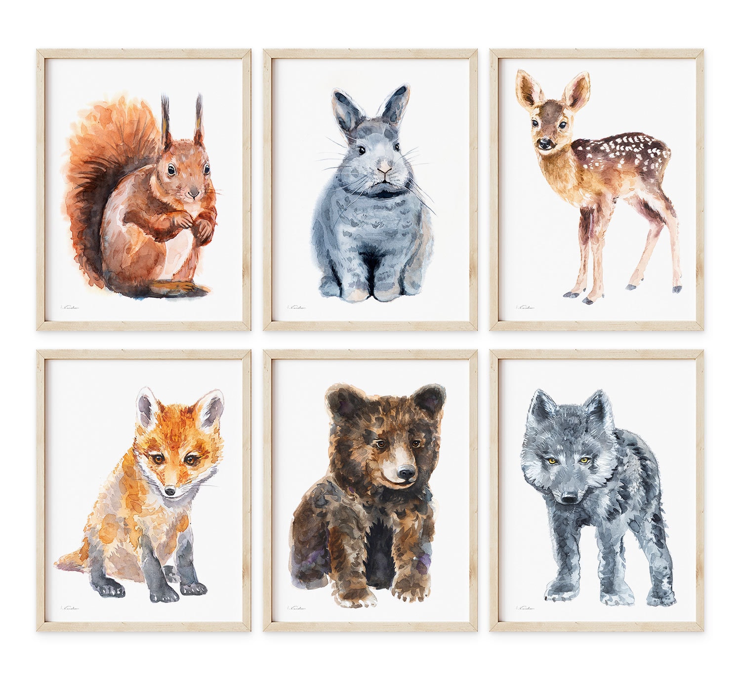 Woodland Animals Prints, Set of 6, Watercolor Paintings, Nursery Art, Forest Wall Art, Rabbit, Squirrel, Deer, Fox, Wolf and Bear