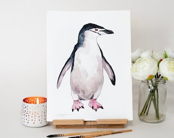 ORIGINAL Kinnriemen Pinguin Aquarell Malerei, handgemaltes Kunstwerk, Unikat Aquarell Original, einzigartige Wandkunst,