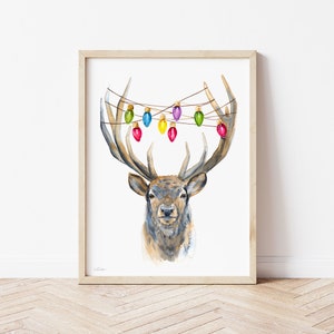 Reindeer Christmas Print, Cute Deer Wall Art, Antlers Lights, Funny Christmas Stag, Holiday Gift Idea, Peeping Deer Art, Watercolor Painting