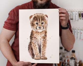 ORIGINAL Baby Cheetah watercolor painting, hand-painted artwork, one-of-a-kind watercolor original, Baby Room Decor, Wall Decor, Watercolor
