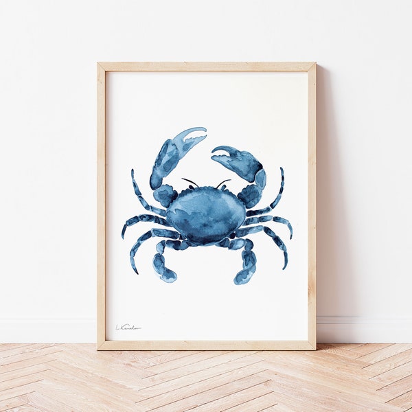 Impression aquarelle crabe, art mural côtier, décoration de chambre d'enfant nautique, art de la maison de plage, couleur indigo, peinture bleu marine, affiche de plage d'été,