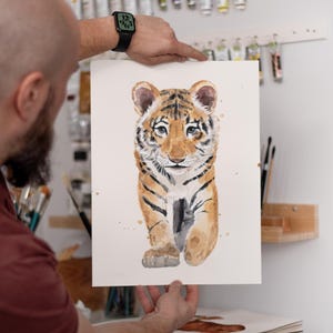 Dipinto ad acquerello ORIGINALE Baby Tiger, opera d'arte dipinta a mano, acquerello originale unico nel suo genere, decorazione per la stanza del bambino, decorazione da parete, acquerello