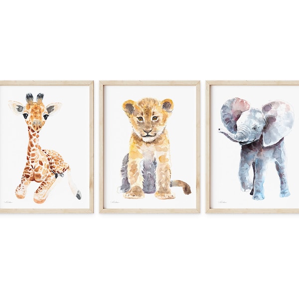 Baby Animal Prints, Set of 3, Baby Room Decor, Giraffe, Lion, Elephant Watercolor Painting, Boy or Girl Nursery Art, Safari Wall Decor