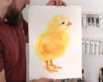 ORIGINAL Baby Chicken watercolor painting, hand-painted artwork, one-of-a-kind watercolor original, Baby Room Decor, Wall Decor, Watercolor