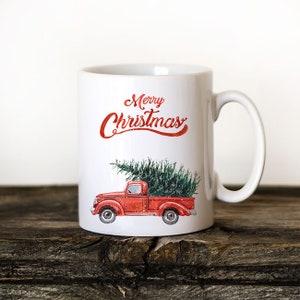 Red truck Christmas tree mug, funny Christmas cup, vintage truck coffee mug, hot chocolate mug, Xmas gift mug