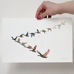 ORIGINALE uno stormo di oche pittura ad acquerello, opere d'arte dipinte a mano, acquerello unico nel suo genere, arte murale unica della fauna selvatica,